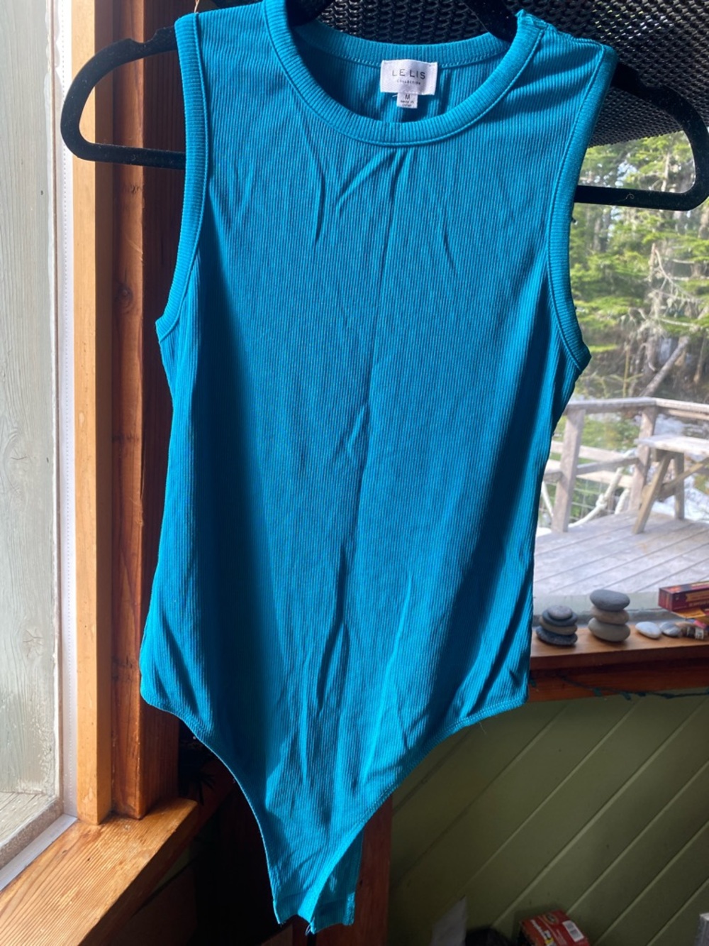 Le Lis Teal Ribbed Crewneck Sleeveless Bodysuit